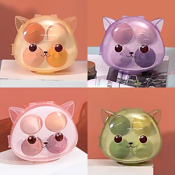 Set of 4 sponges in kitty-shaped plastic case