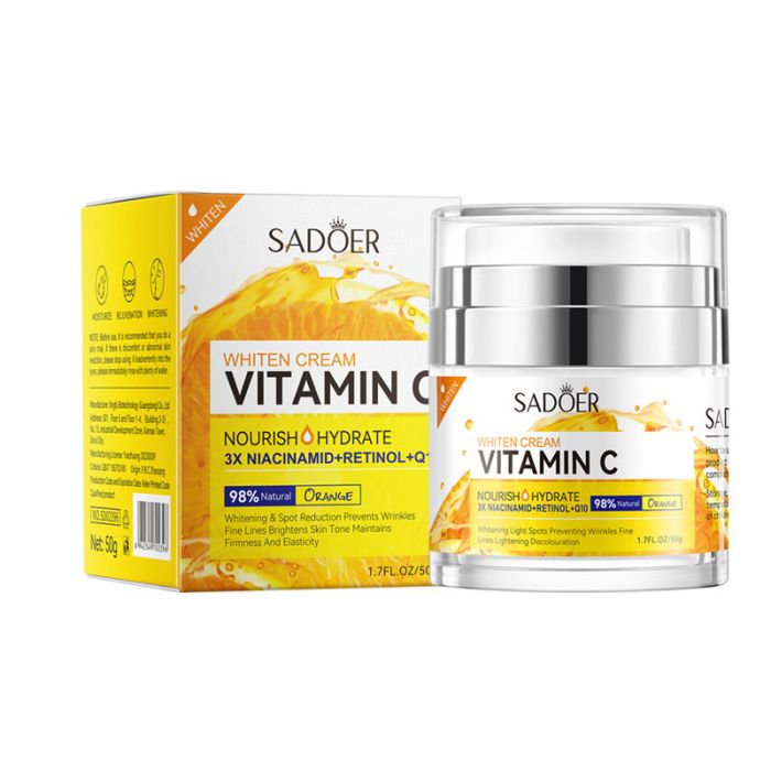 Facial moisturizing and brightening cream against age spots with vitamin C+Q10+nicotinomide+retinol, SADOER Whiten Cream Vitamin C, 50 gr.