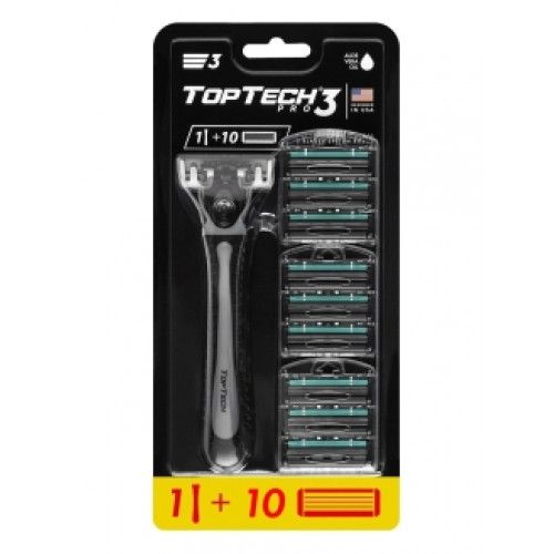 TopTech PRO 3 men's razor, USA. Compatible with Gillette Blue3*. 1 Razor + 10 replacement cassettes.