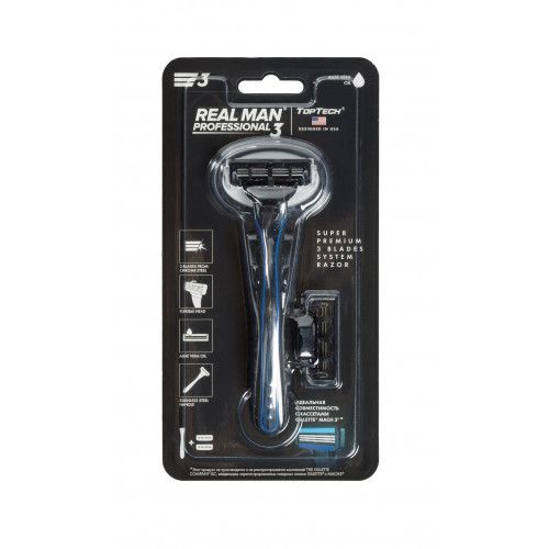 TopTech Razor 3 men's razor, USA. Compatible with Gillette Mach3*. 1 razor + 2 replacement cartridges