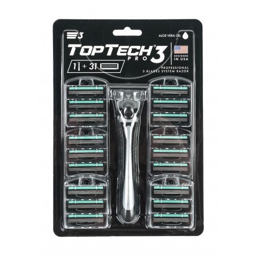 TopTech PRO 3 men's razor, USA. Compatible with Gillette Blue3*. 1 Razor + 31 replacement cartridges